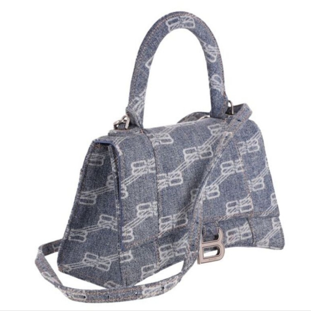 BALENCIAGA Hourglass BB Monogram Bleached Denim Small Bag Purse Top Handle - Picture 4 of 9